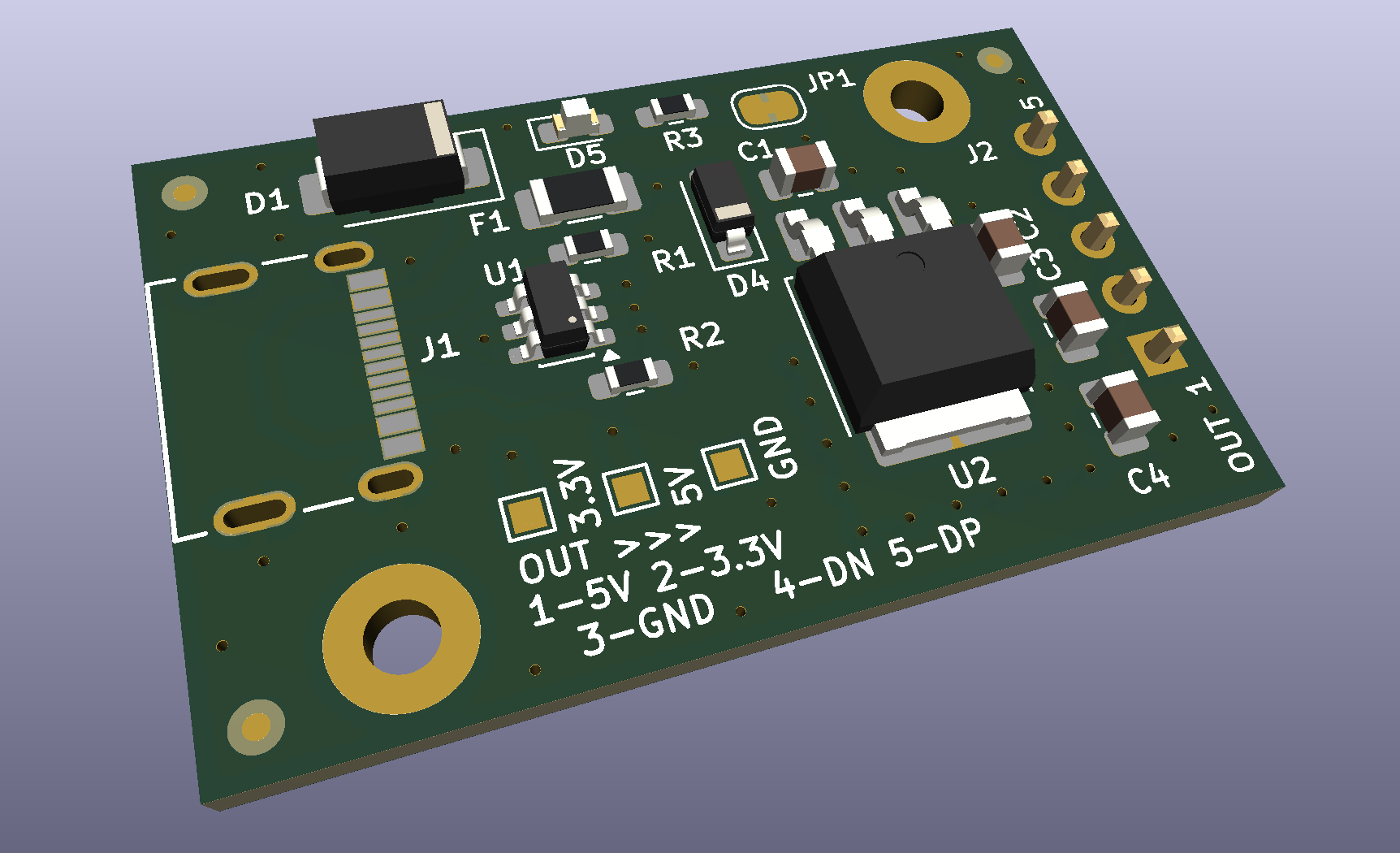 3D render of the USB-C breakout and 3.3V regulator building block board